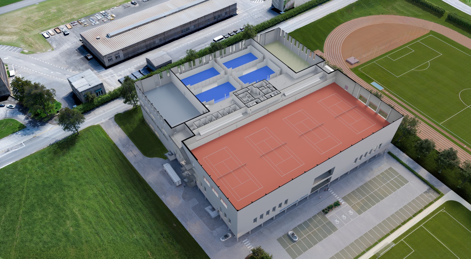 Visualisierung der geplanten Padelhalle am Militärflugplatz Dübendorf